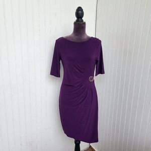 JH Women's Short Sleeve Fit Flare Stretch Purple Berry Dress Rutched Size 6